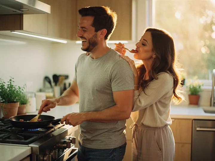 Couple cooking dinner together at home