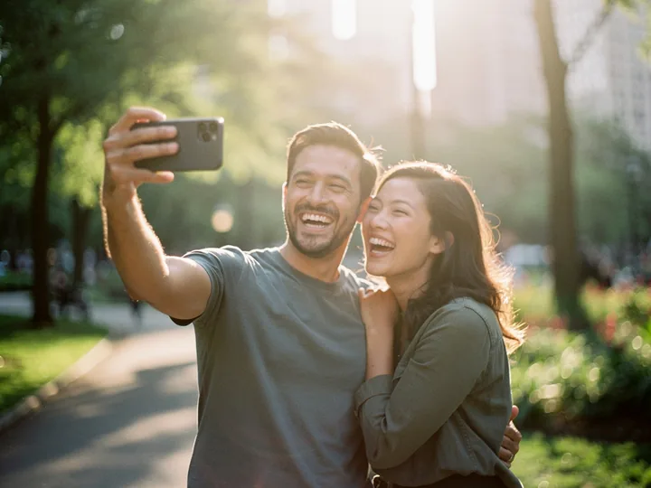 Couple laughing while taking a selfie together in a park