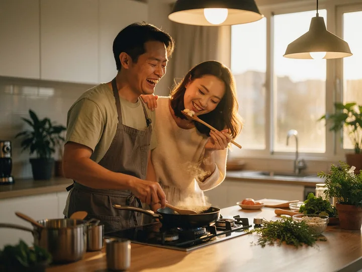 一對情侶在家一起下廚