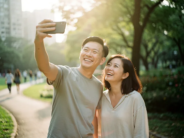 一對情侶在公園開心自拍